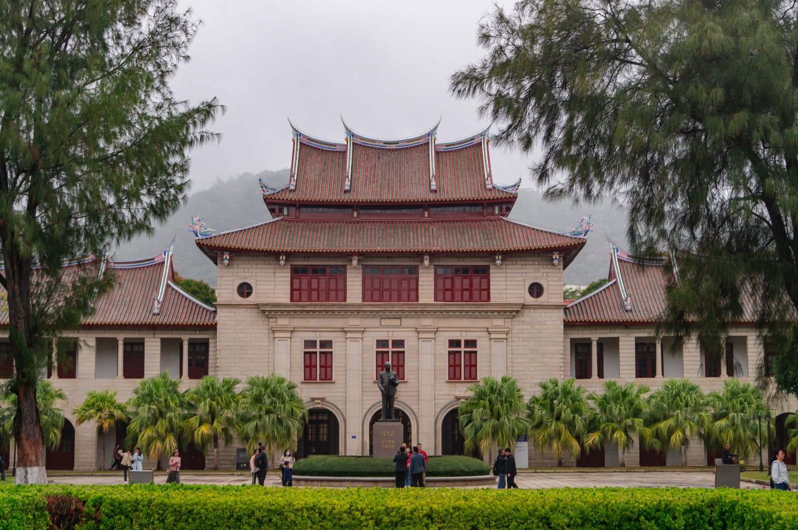 Scenic view of Xiamen University's main building with traditional Chinese architecture