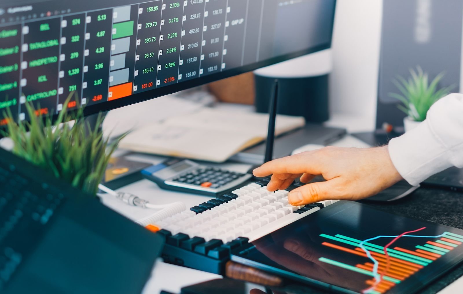 Professional workspace with trading charts and market data on screens, ideal for finance and investment contexts