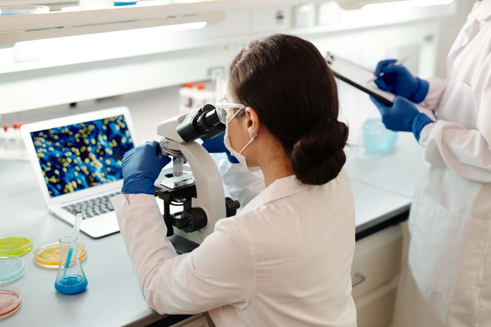 A female scientist in a lab coat examines samples under a microscope for research