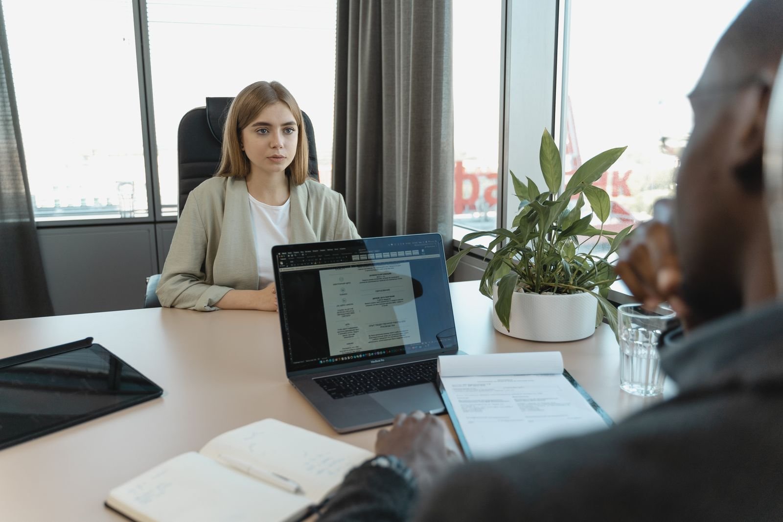 A professional job interview scene in a modern office setting, emphasizing recruitment and career opportunities