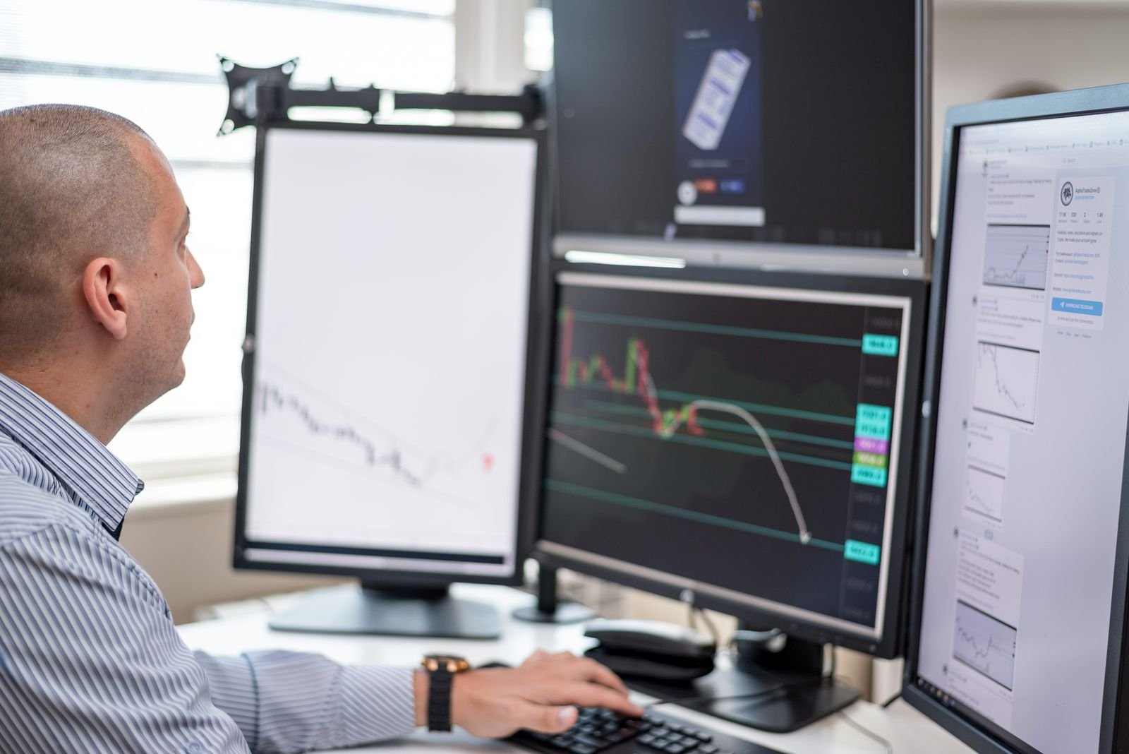 Stock trader analyzing financial graphs on multiple computer monitors in an office setting