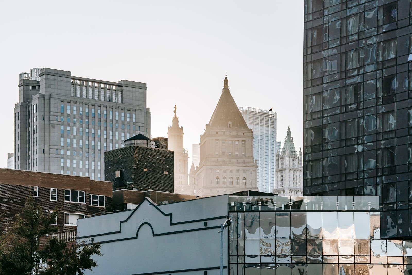 Exterior of modern government and office glass buildings located in city downtown in daytime